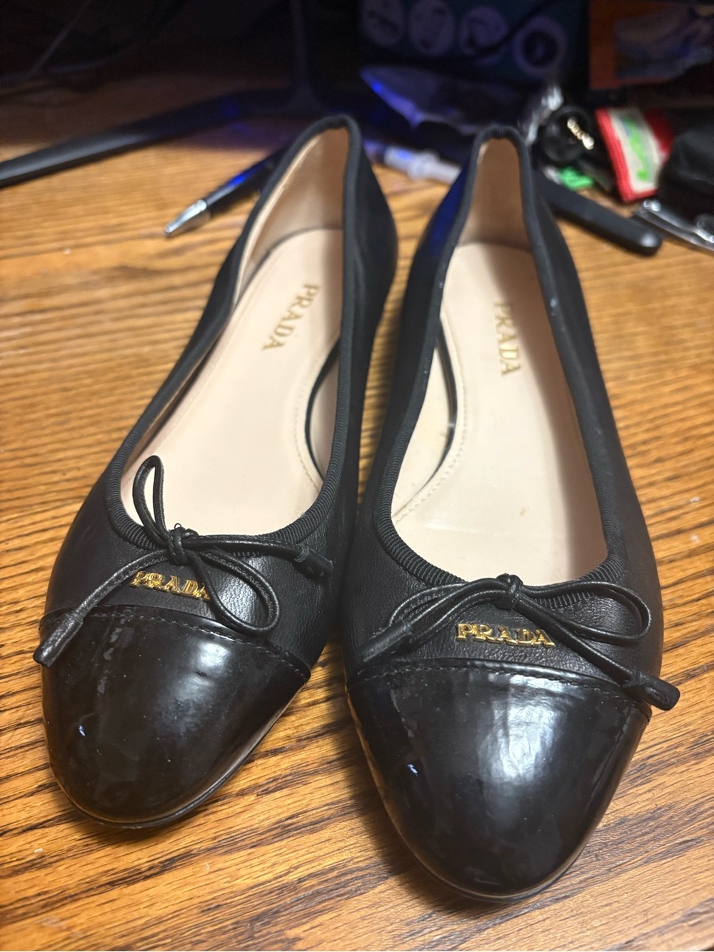 Prada Black Leather & Patent Cap-Toe Ballet Flats
